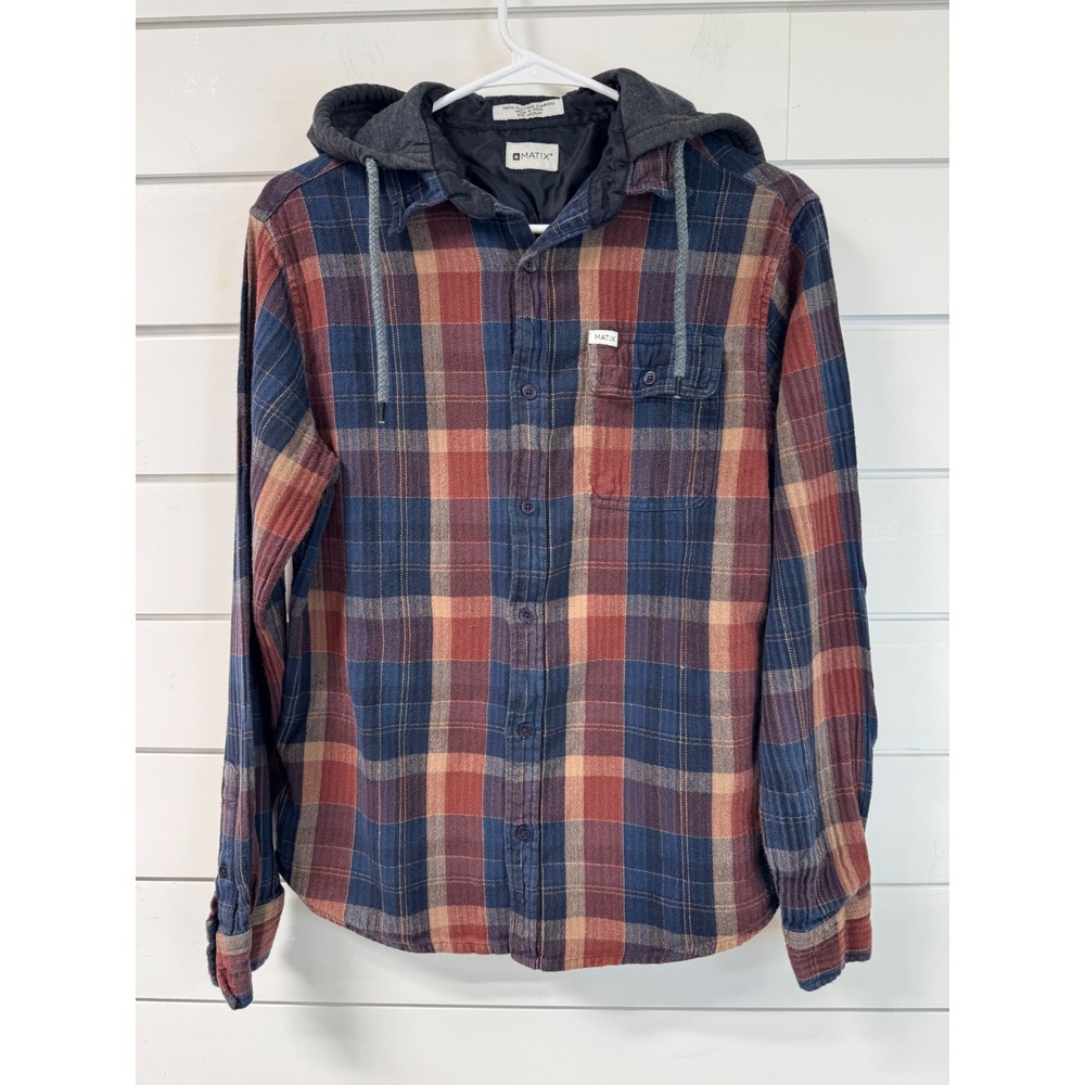 Matix Hargrove Flannel Shirt With Hood Slim Fit Navy Rust Plaid Mens Medium
